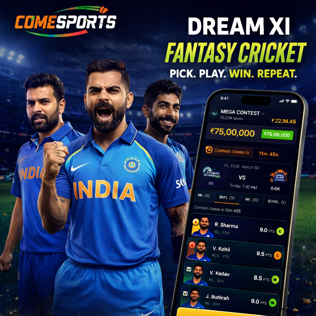 COME COM fantasy cricket and India team visual